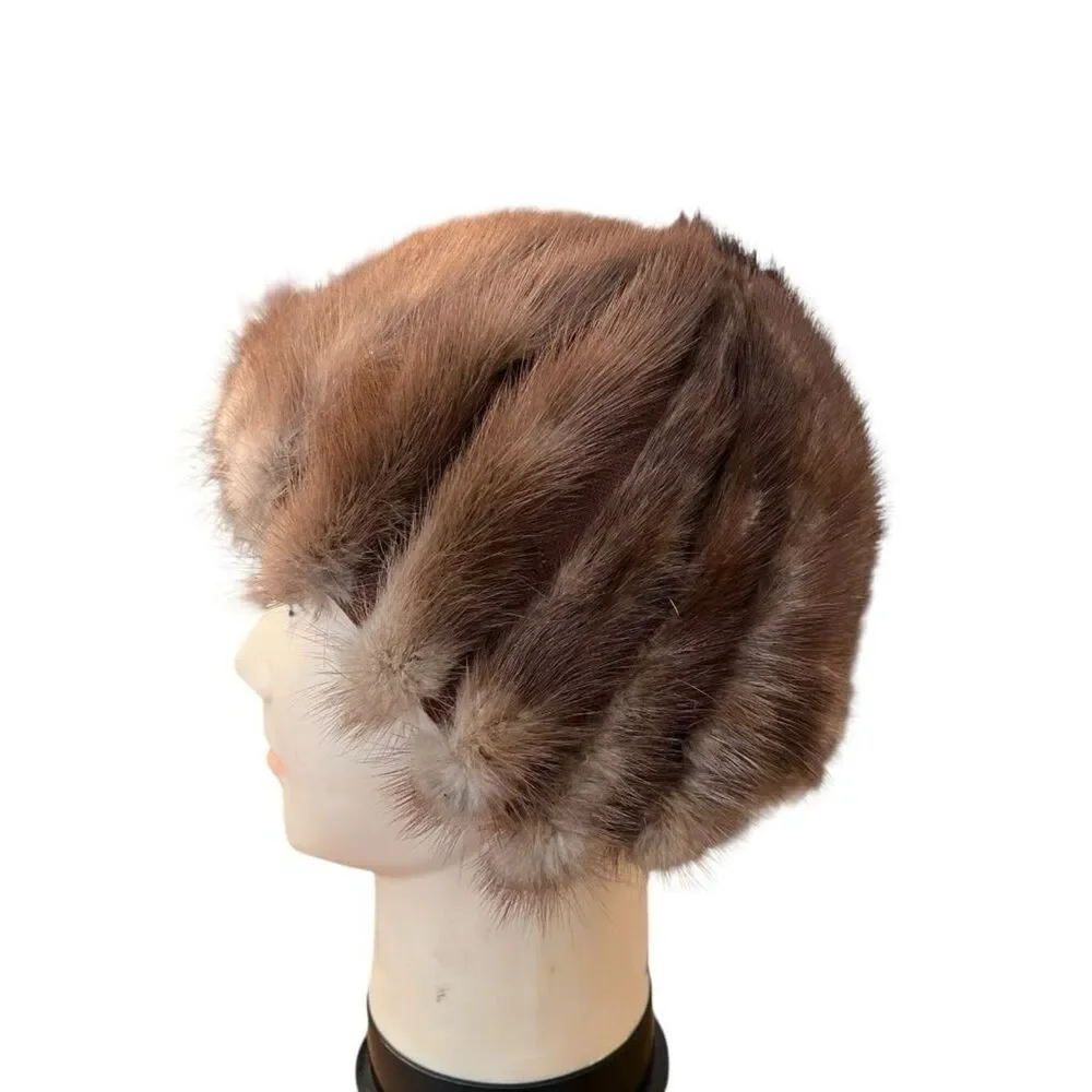 Real Mink Fur Ribbed Beanie Hat Lined Union Made USA One Size Cap Stretch